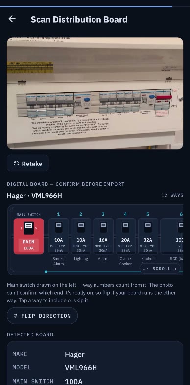 Certio's drawing of the board it read: a Hager VML966H with 12 ways and a 100A main switch