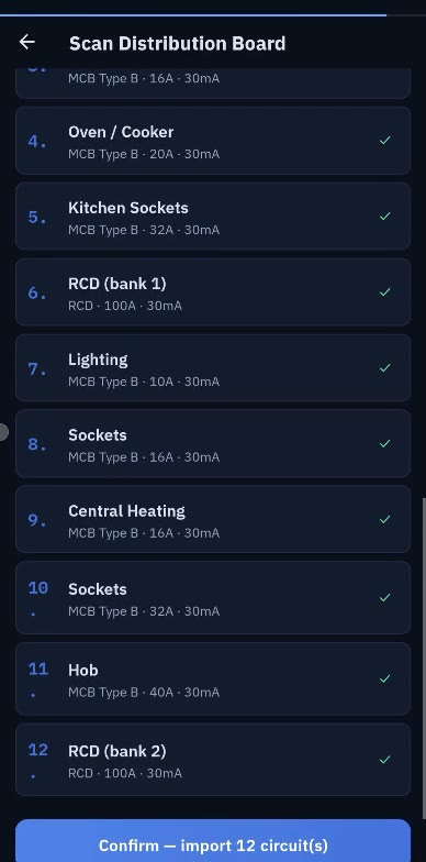 The 12 circuits Certio detected, each with its device type and rating, above a Confirm button