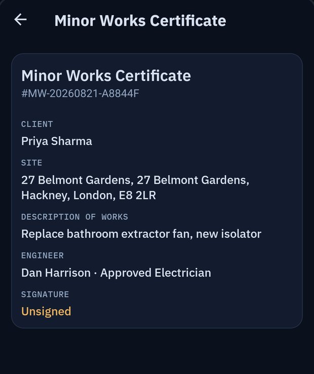 Top of a Minor Works Certificate preview in Certio with client, site and description of works; demo account shown
