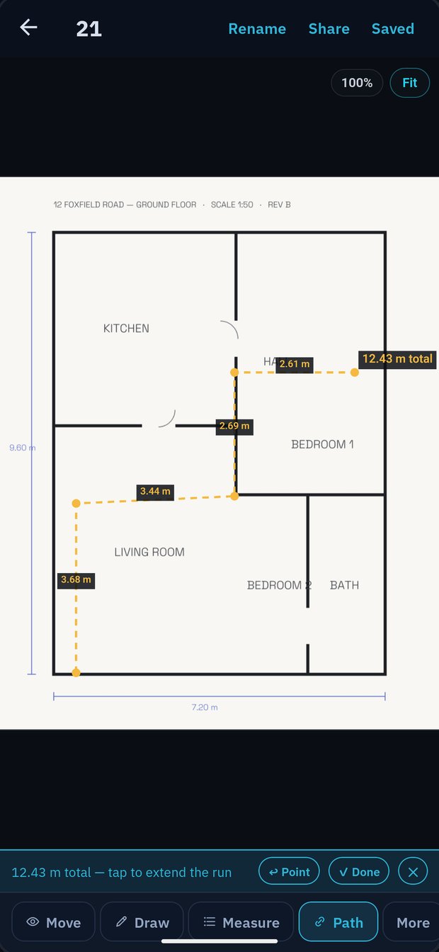 Certio's drawing measure tool on a ground-floor plan with dashed measured runs, a 12.43 m total and Move, Draw, Measure and Path tools; demo account shown