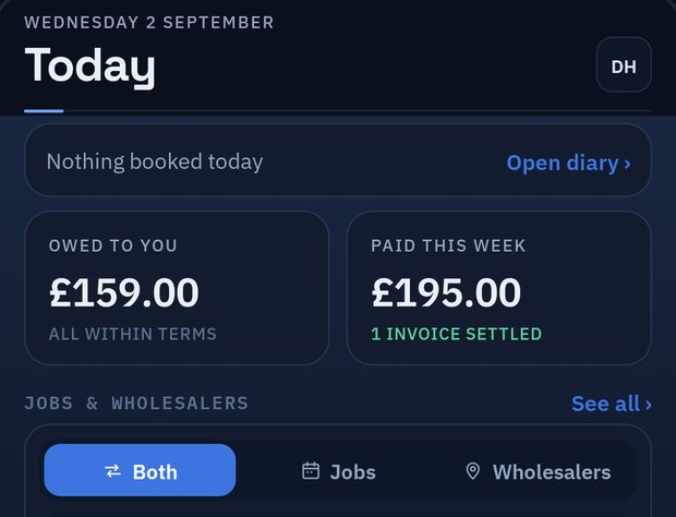 Top of Certio's Today screen with example Owed to you and Paid this week tiles; demo account shown, figures are illustrative